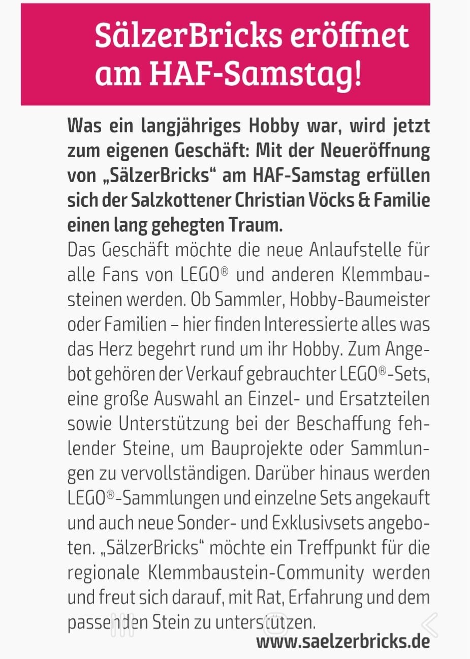 Zeitungsbericht zur Eröffnung von SälzerBricks am HAF-Samstag